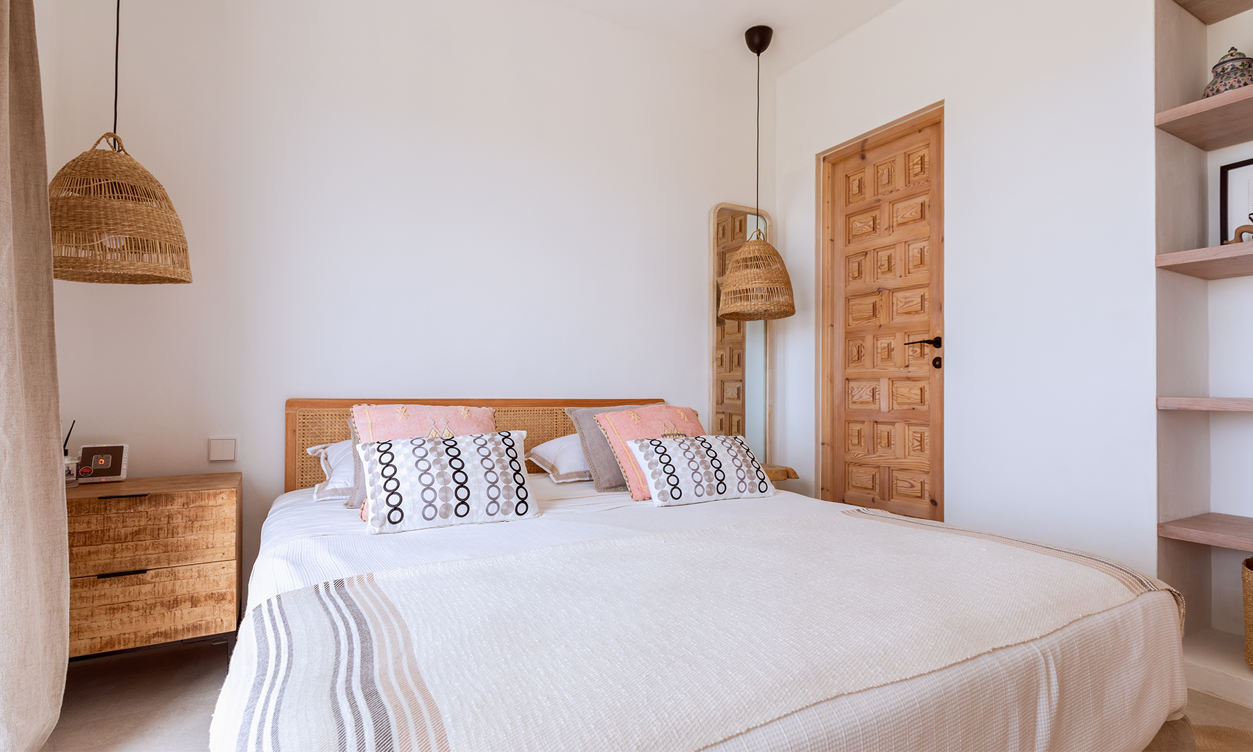 Guest bedroom with modern bohemian natural decor